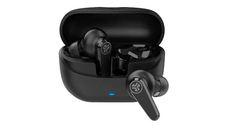 An open charging case with one earbud inside and the other resting outside An open charging case with one earbud inside and the other resting outside
