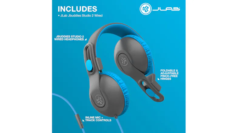 A promotional graphic of the JLab headphone with labelled features A promotional graphic of the JLab headphone with labelled features