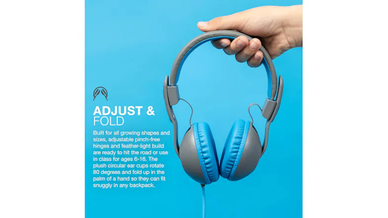 A promotional graphic of the JLab headphone showcasing an adjustable and foldable design A promotional graphic of the JLab headphone showcasing an adjustable and foldable design