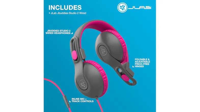 A promotional graphic of the JLab headphone with labelled features A promotional graphic of the JLab headphone with labelled features