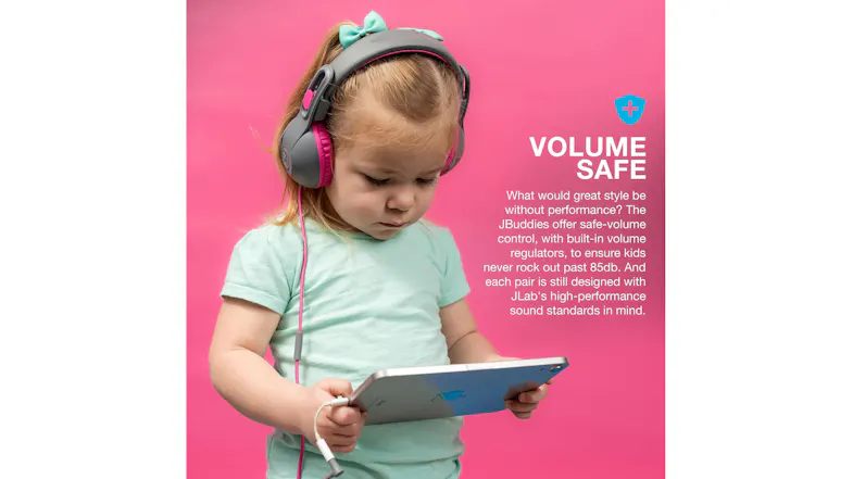 A promotional graphic of the JLab headphone showcasing JBuddies A promotional graphic of the JLab headphone showcasing JBuddies