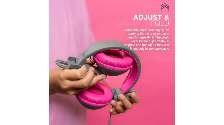 A promotional graphic of the JLab headphone showcases an adjustable and foldable design A promotional graphic of the JLab headphone showcases an adjustable and foldable design