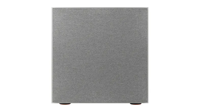 Front-on view of the JBL Stage 2 220P Subwoofer, fully covered by its square, light grey fabric grille Front-on view of the JBL Stage 2 220P Subwoofer, fully covered by its square, light grey fabric grille