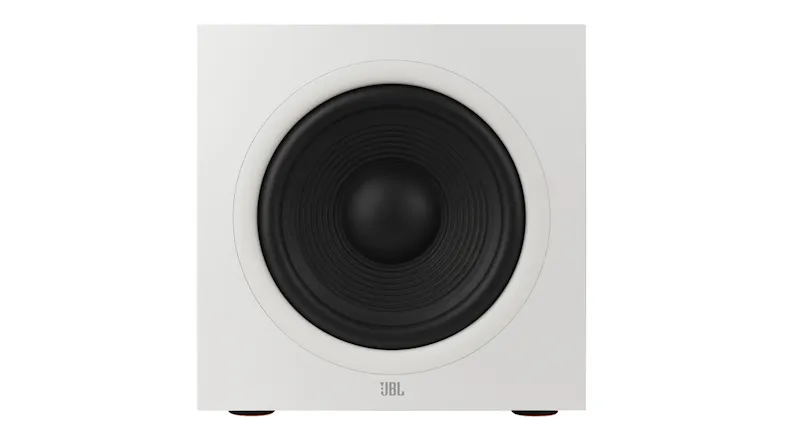JBL subwoofer without the grille, showing its large, round, and black driver JBL subwoofer without the grille, showing its large, round, and black driver