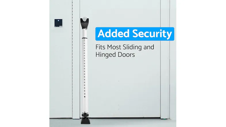 A promotional graphic of the security bar with the “Fits Most Doors” label A promotional graphic of the security bar with the “Fits Most Doors” label
