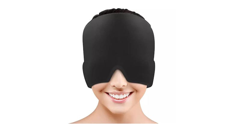 A person wearing a Kmall Headache Gel Ice Pack A person wearing a Kmall Headache Gel Ice Pack