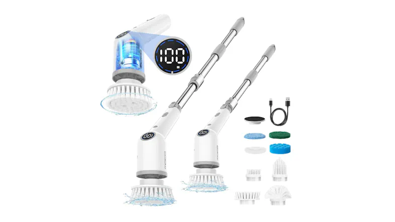 Kmall cordless spinning scrubber with extendable handle, multiple brush heads, and USB charging cable Kmall cordless spinning scrubber with extendable handle, multiple brush heads, and USB charging cable