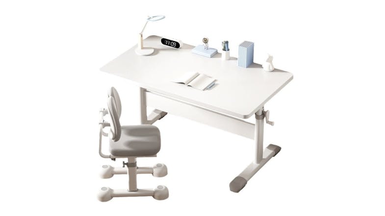 A white study table and a grey chair on the side A white study table and a grey chair on the side