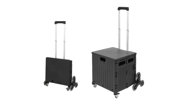 Comparison view of the black folding shopping cart when fully collapsed and fully assembled Comparison view of the black folding shopping cart when fully collapsed and fully assembled