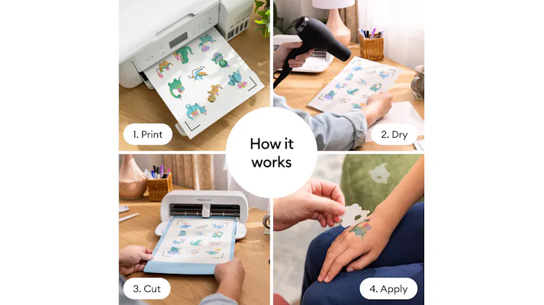 A four-step process showing how to print, dry, cut, and apply temporary tattoos using Cricut materials A four-step process showing how to print, dry, cut, and apply temporary tattoos using Cricut materials