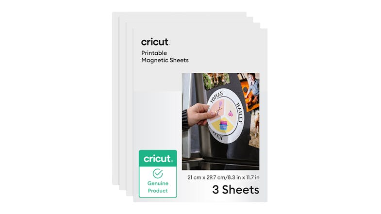 Three packs of Cricut Printable Magnetic Sheets displaying product dimensions and a sample magnet Three packs of Cricut Printable Magnetic Sheets displaying product dimensions and a sample magnet