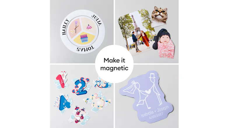 A collage of various finished custom magnetic projects, including wedding favours and children's designs A collage of various finished custom magnetic projects, including wedding favours and children's designs