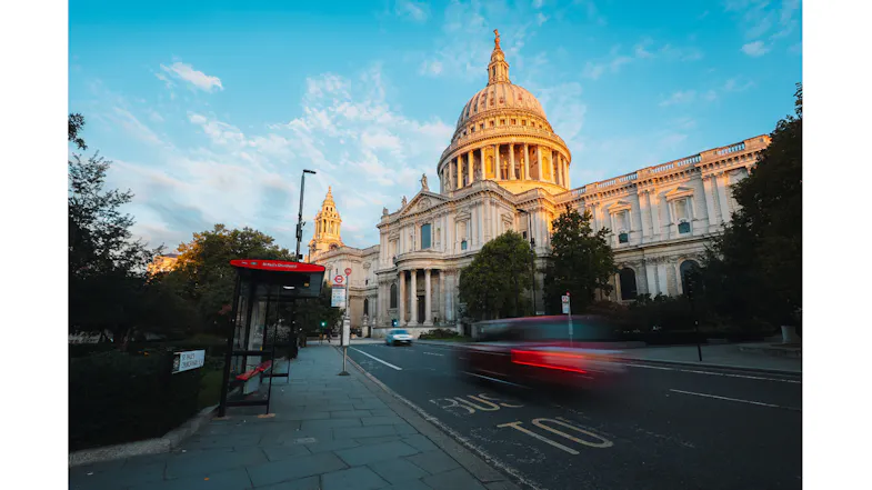 Long exposure photograph of St. Paul's Cathedral with a blurred red bus in the foreground Long exposure photograph of St. Paul's Cathedral with a blurred red bus in the foreground