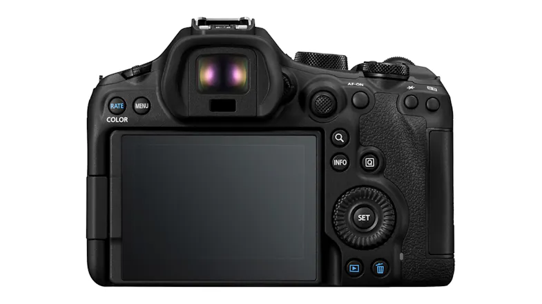 Back panel of the Canon EOS R6 Mark III, showing the main LCD screen and controls Back panel of the Canon EOS R6 Mark III, showing the main LCD screen and controls