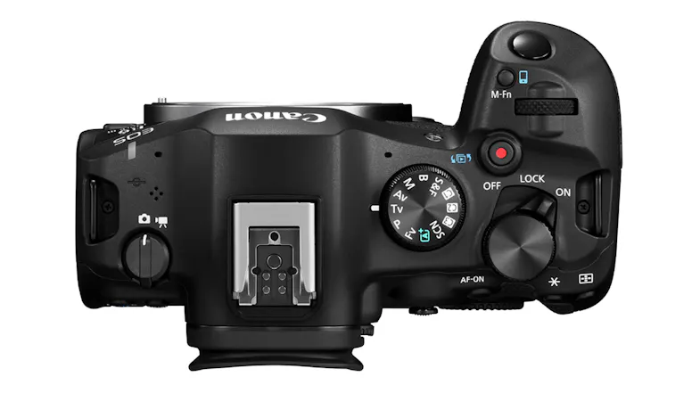 Top view of the EOS R6 Mark III, detailing the mode dial, hot shoe, and power switch Top view of the EOS R6 Mark III, detailing the mode dial, hot shoe, and power switch