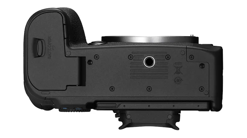 Bottom view of the Canon Camera, revealing the battery compartment door and tripod socket Bottom view of the Canon Camera, revealing the battery compartment door and tripod socket