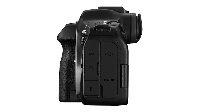 Left side of the Canon EOS R6 Mark III Camera, showing the input and output port covers Left side of the Canon EOS R6 Mark III Camera, showing the input and output port covers