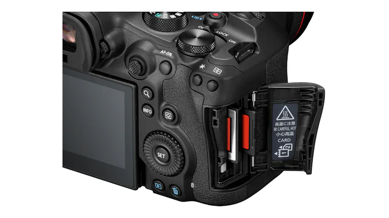 Close-up of the EOS R6 Mark III's open memory card door, showing the dual SD/CFexpress slots Close-up of the EOS R6 Mark III's open memory card door, showing the dual SD/CFexpress slots