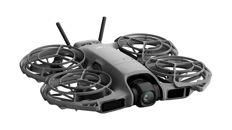 DJI drone with antennas, camera, and protective propeller guards DJI drone with antennas, camera, and protective propeller guards