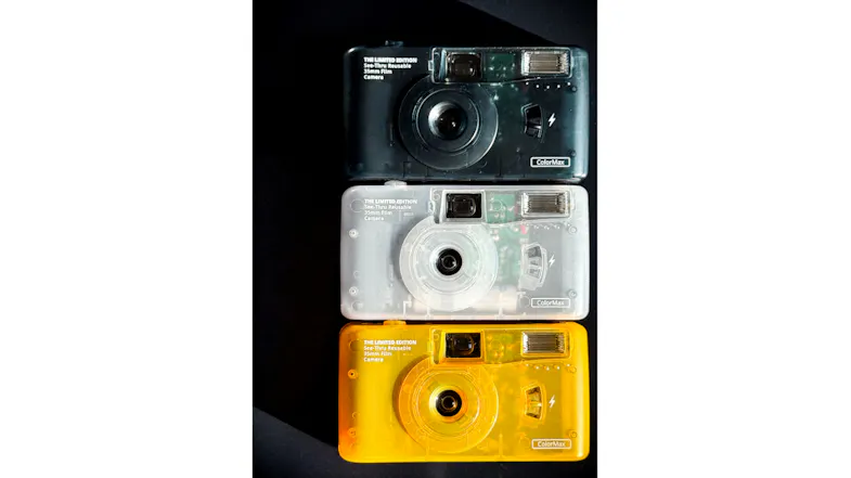 Vertical trio of transparent cameras with retro design Vertical trio of transparent cameras with retro design