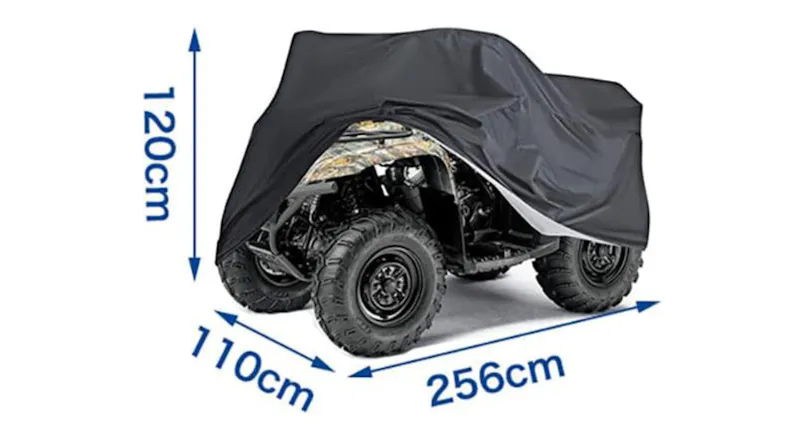 ATV with black cover showing dimensions 120cm height, 110cm width, and 256cm length ATV with black cover showing dimensions 120cm height, 110cm width, and 256cm length