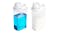Two transparent laundry containers with measuring caps, one filled with blue liquid detergent and the other with white powder Two transparent laundry containers with measuring caps, one filled with blue liquid detergent and the other with white powder