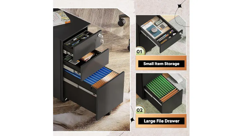 A filing cabinet with a top drawer for small items and a bottom drawer for large file folders A filing cabinet with a top drawer for small items and a bottom drawer for large file folders