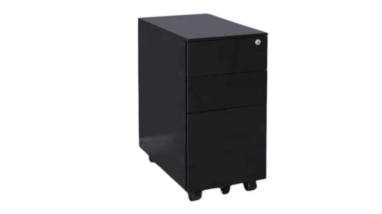 A right-angled view of the metal office cabinet with lock and stationery trays A right-angled view of the metal office cabinet with lock and stationery trays