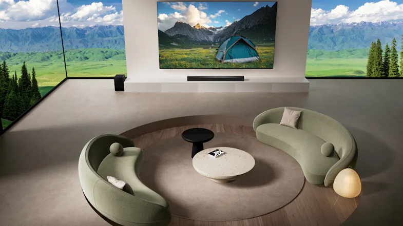 Stylish living room with a soundbar, subwoofer, and a mountain tent on the TV Stylish living room with a soundbar, subwoofer, and a mountain tent on the TV