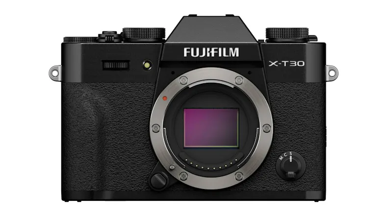 Front view of a Fujifilm X-T30 III Mirrorless Camera in black Front view of a Fujifilm X-T30 III Mirrorless Camera in black