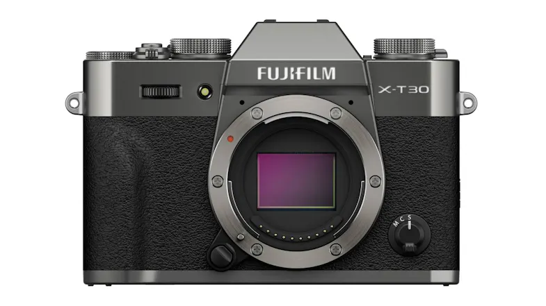 Front view of the Fujifilm X-T30 III Mirrorless Camera in charcoal silver Front view of the Fujifilm X-T30 III Mirrorless Camera in charcoal silver