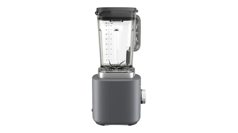 Right side view of a blender with a grey base Right side view of a blender with a grey base