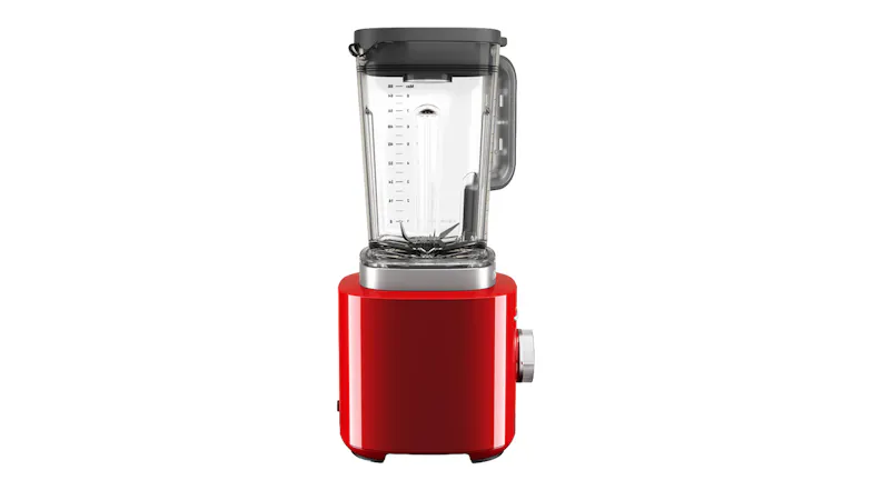 Red blender with a jar, labelled buttons and dial Red blender with a jar, labelled buttons and dial