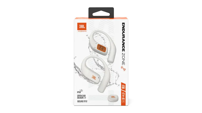 Endurance Zone True Wireless Open-Ear Headphones retail box in white and orange, showing key features Endurance Zone True Wireless Open-Ear Headphones retail box in white and orange, showing key features