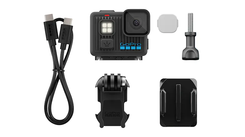GoPro kit with camera, USB-C cable, mounts, thumb screw, and lens cap GoPro kit with camera, USB-C cable, mounts, thumb screw, and lens cap