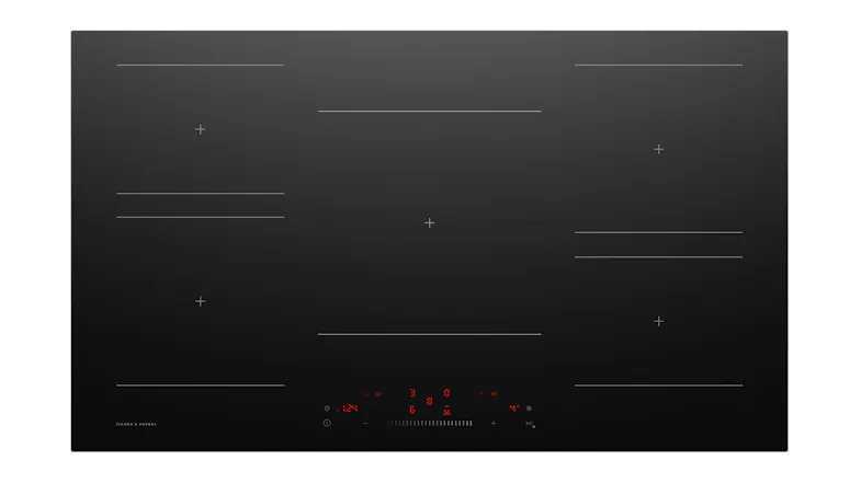 Top view of the Fisher & Paykel 90cm Smart 5 Zone Low Current Induction Cooktop in black, featuring five cooking zones Top view of the Fisher & Paykel 90cm Smart 5 Zone Low Current Induction Cooktop in black, featuring five cooking zones