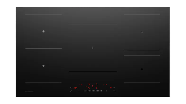 Top view of Fisher & Paykel 90cm Smart 5 Zone Low Current Induction Cooktop in black, featuring five cooking zones Top view of Fisher & Paykel 90cm Smart 5 Zone Low Current Induction Cooktop in black, featuring five cooking zones