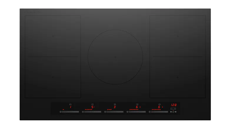Fisher & Paykel 90cm 5 Zone Induction Cooktop in black, featuring a sleek glass surface with five cooking zones Fisher & Paykel 90cm 5 Zone Induction Cooktop in black, featuring a sleek glass surface with five cooking zones