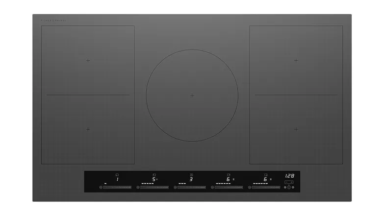 Fisher & Paykel 90cm 5 Zone Induction Cooktop in grey, featuring a sleek glass surface with five cooking zones Fisher & Paykel 90cm 5 Zone Induction Cooktop in grey, featuring a sleek glass surface with five cooking zones