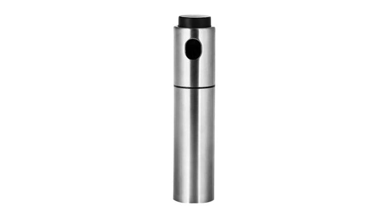 A stainless steel refillable oil dispenser with a black spray nozzle A stainless steel refillable oil dispenser with a black spray nozzle