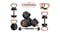 Black and orange adjustable dumbbell set showing six workout combinations, including kettlebell and barbell options Black and orange adjustable dumbbell set showing six workout combinations, including kettlebell and barbell options