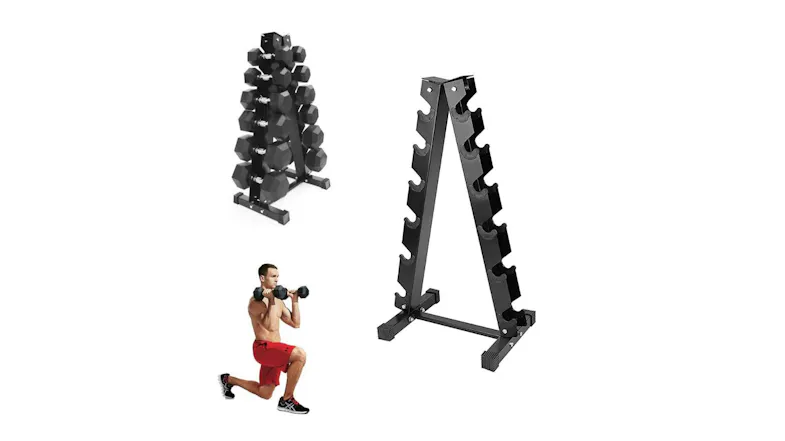 A-frame dumbbell rack shown empty and loaded with weights, plus a person performing a lunge with dumbbells A-frame dumbbell rack shown empty and loaded with weights, plus a person performing a lunge with dumbbells