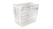 A stack of four clear plastic storage bins nested together A stack of four clear plastic storage bins nested together