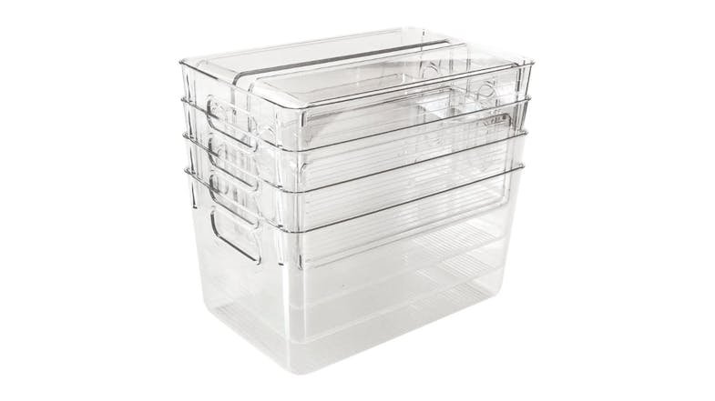 A stack of four clear plastic storage bins nested together A stack of four clear plastic storage bins nested together
