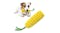 Yellow corn-shaped dog chew toy with green rope placed in front of a dog lying down Yellow corn-shaped dog chew toy with green rope placed in front of a dog lying down