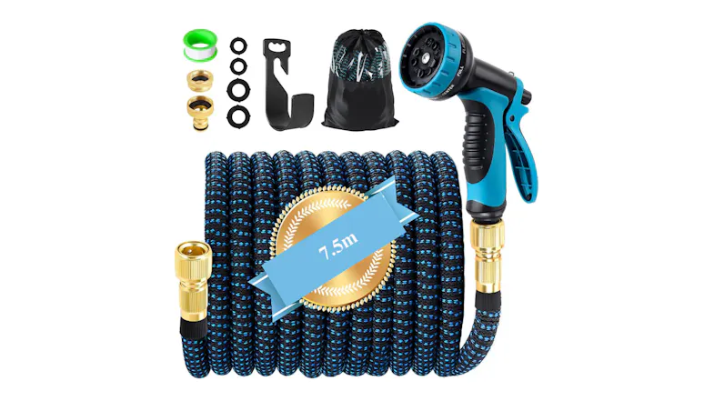 Expandable garden hose set with spray nozzle, brass connectors, washers, storage bag, and hanger Expandable garden hose set with spray nozzle, brass connectors, washers, storage bag, and hanger