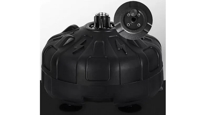 A punching bag base with an inset showing mounting holes for secure attachment A punching bag base with an inset showing mounting holes for secure attachment
