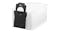 White dust bag with black collar and circular seal opening White dust bag with black collar and circular seal opening