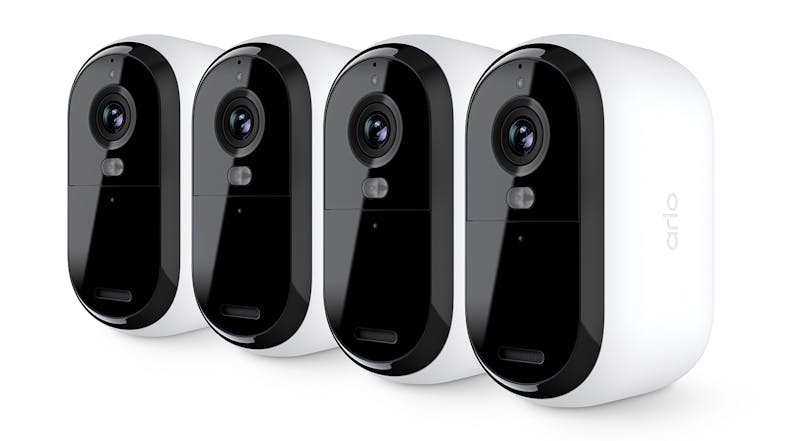 Four Arlo wire-free security cameras with a black front panel and white casing Four Arlo wire-free security cameras with a black front panel and white casing
