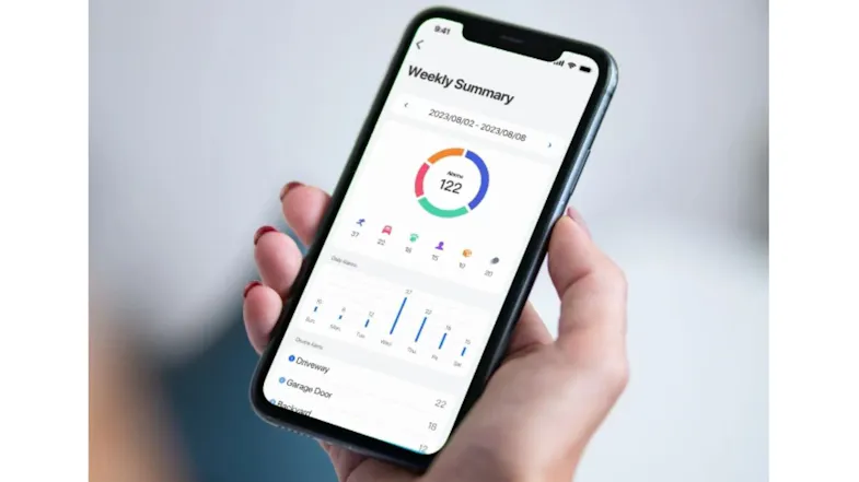A smartphone showing a weekly summary of security alerts with charts and data A smartphone showing a weekly summary of security alerts with charts and data